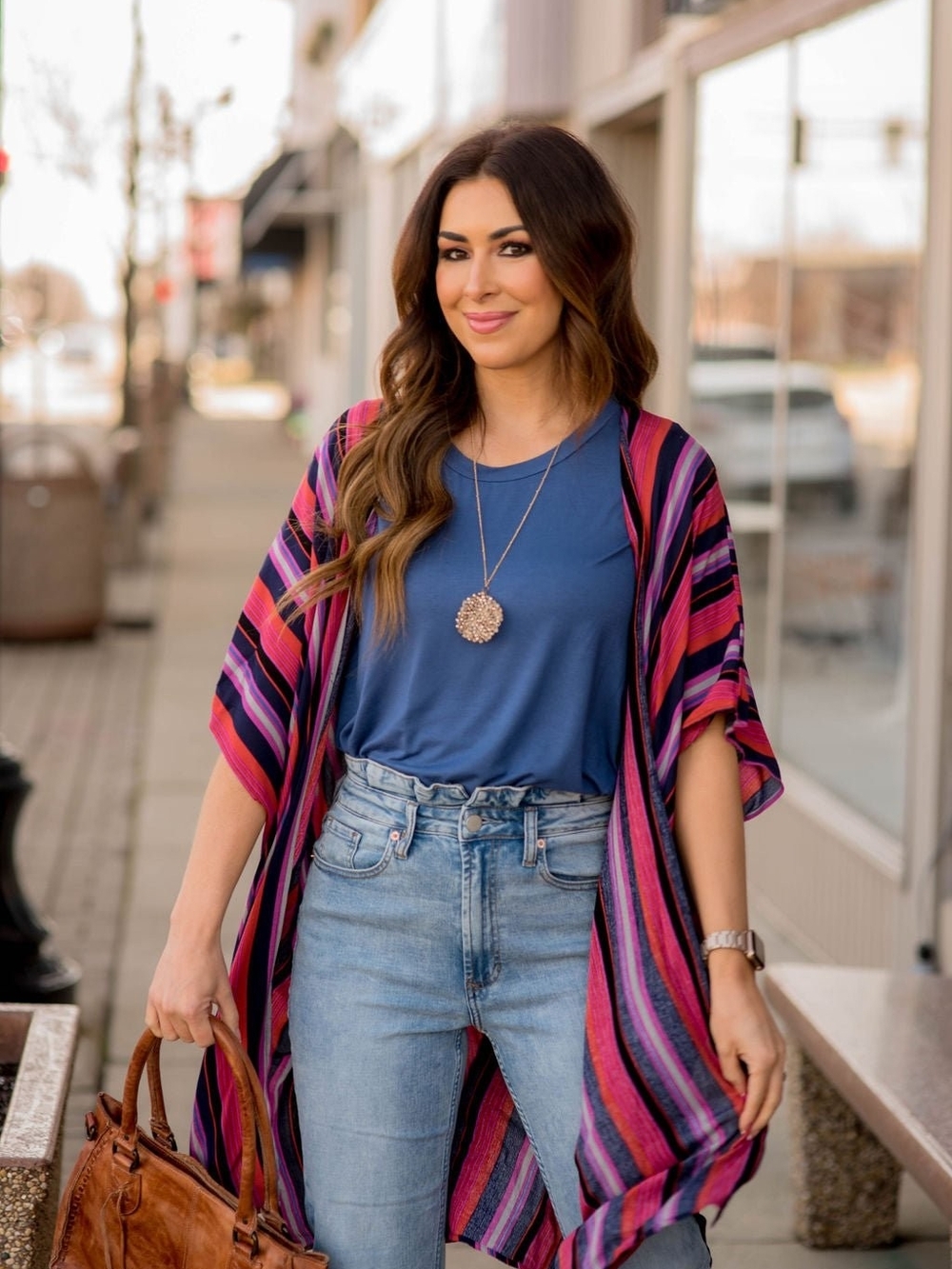 Striped Open-Front Kimono Cardigan - Pink & Purple